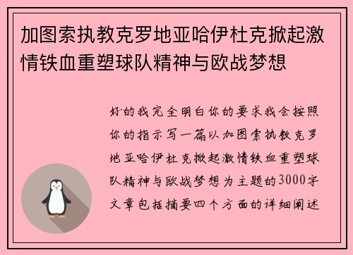 加图索执教克罗地亚哈伊杜克掀起激情铁血重塑球队精神与欧战梦想 加图索执教克罗地亚哈伊杜克掀起激情铁血重塑球队精神与欧战梦想